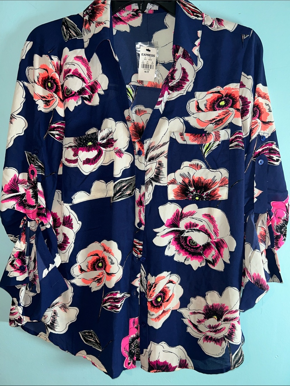 Express Navy Floral Button-Down Shirt with Pink & White Blooms